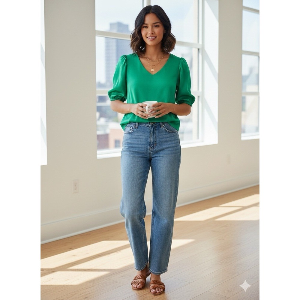 Eesome Kelly Green Puff Sleeve Blouse V-Neck Top Womens Sz Small Dopamine TK7807